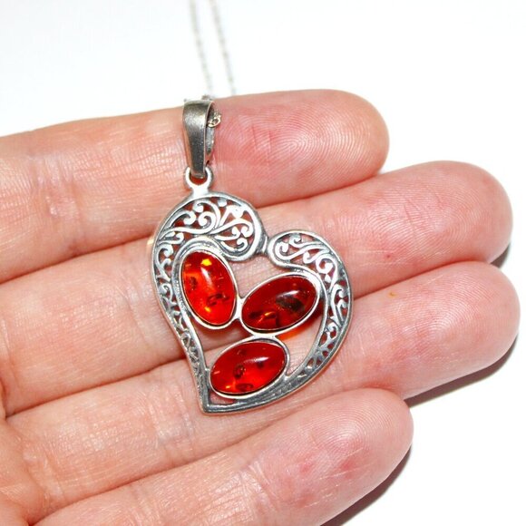 Sterling Silver Amber Heart Necklace - Picture 7 of 7